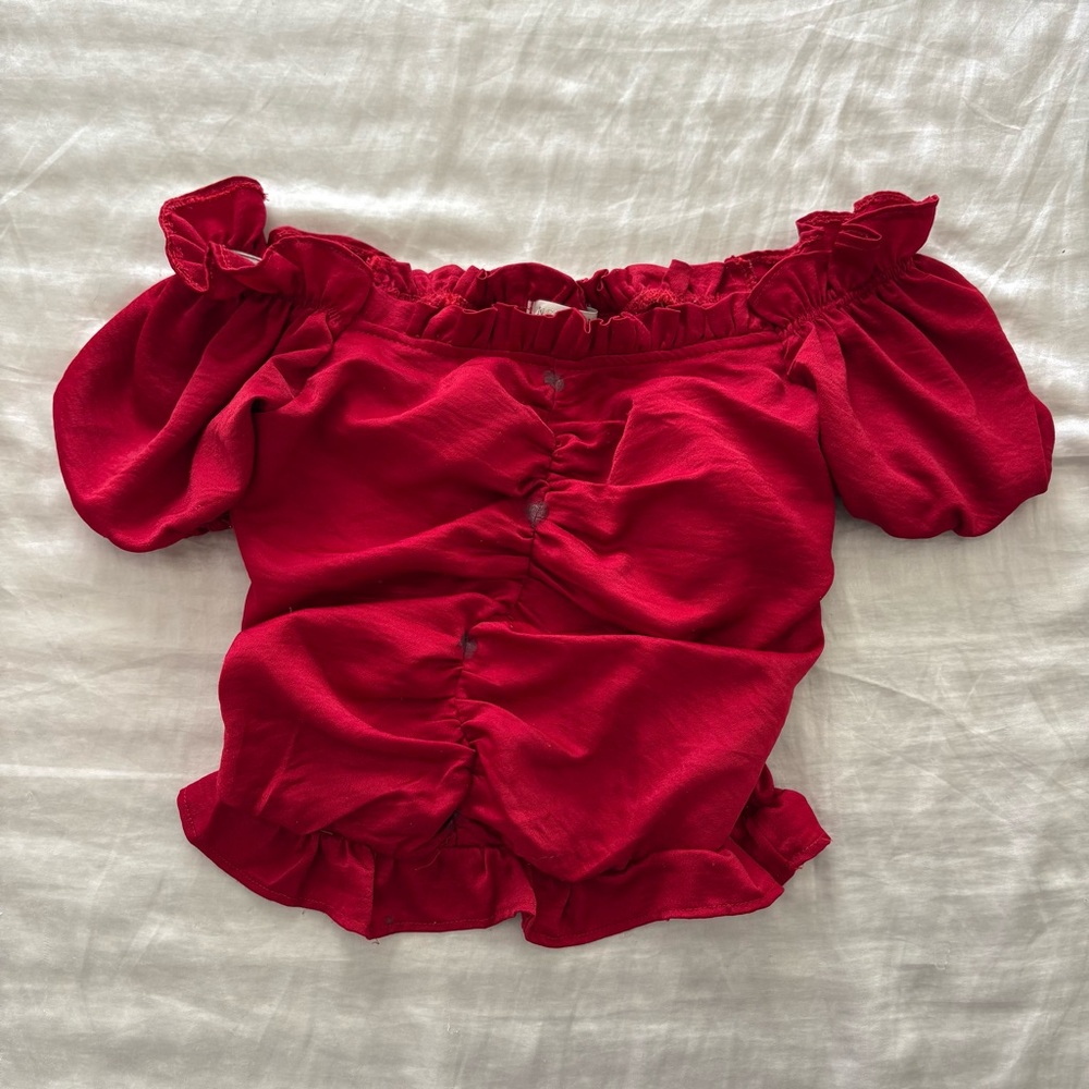 Red Off-Shoulder Ruched Puff Sleeve Top